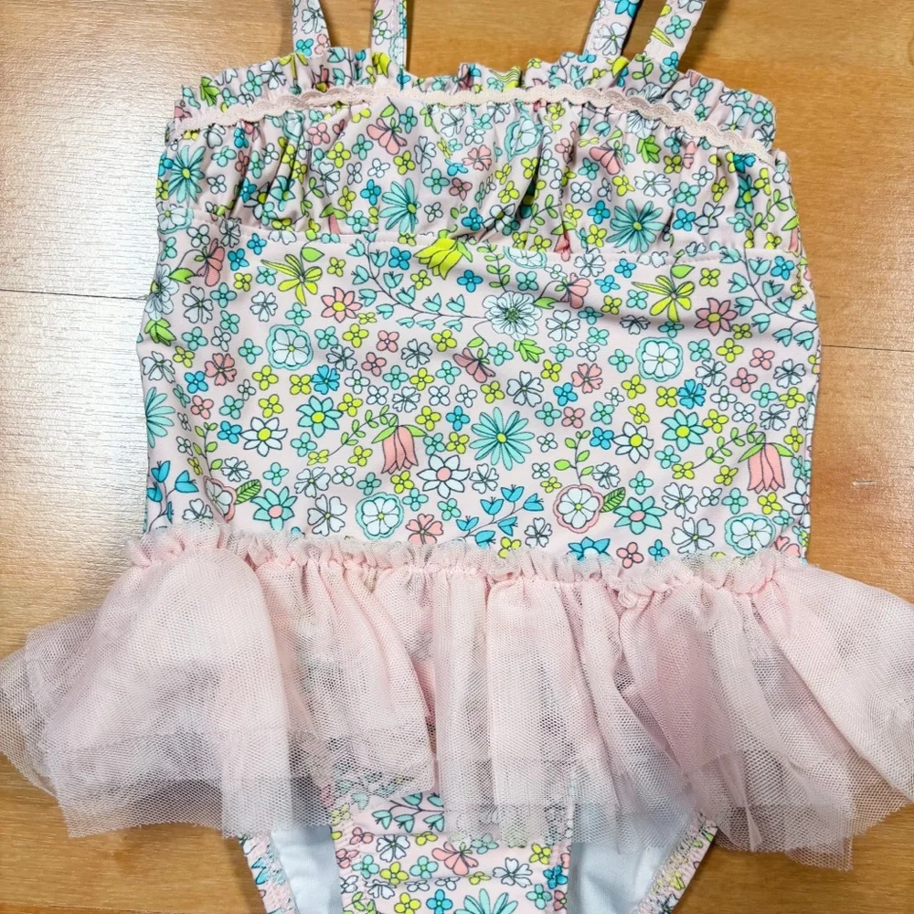 Circo Light Pink & Turquoise Floral Tutu One Piece Swimsuit Toddler Size 18M